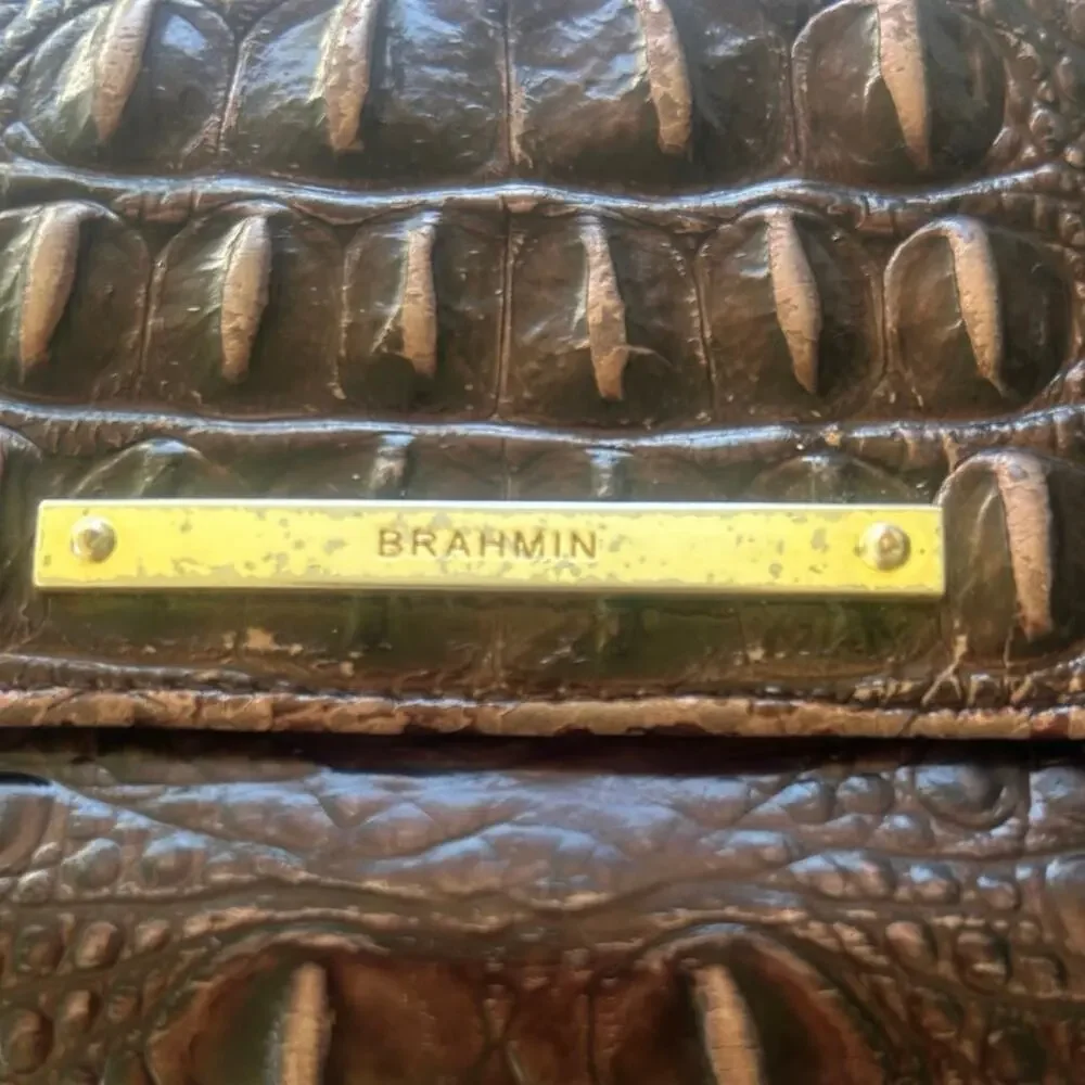 Brahmin Melbourne Pecan Croc Embossed Leather Checkbook Wallet Brown